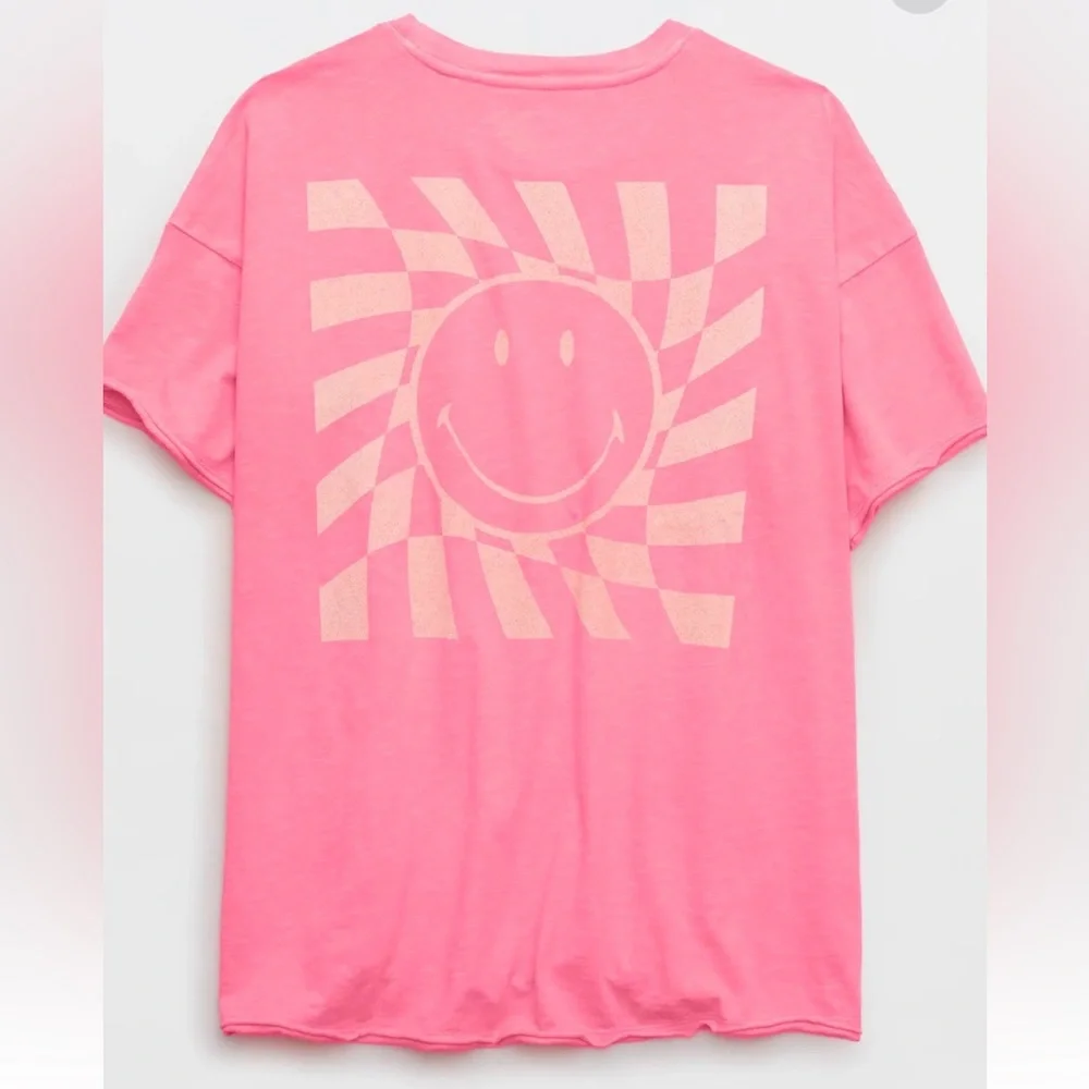 Aerie Bright Neon Pink Smiley Face Graphic Short Sleeve Oversized Tee - Picture 10 of 10